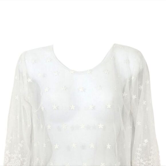 Vintage 90's Y2K Sheer Mesh Floral Embroidered Top in White Size Small - Picture 4 of 7